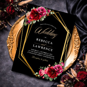 invitación a la boda floral de color negro y rojo 