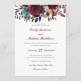 Invitación a la boda floral de color rojo borgoñón