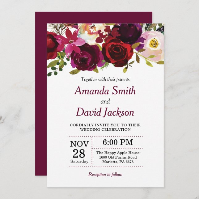 Invitación a la boda floral de color rojo borgoñón (Anverso / Reverso)