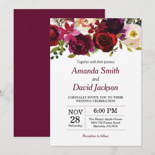 Invitación a la boda floral de color rojo borgoñón