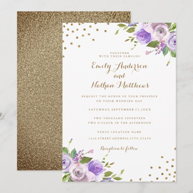 Invitación a la Boda Floral de Confetti de Oro (Anverso / Reverso)