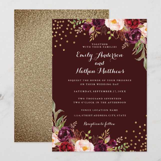 Invitación a la Boda Floral de Confetti de Oro de  (Anverso / Reverso)