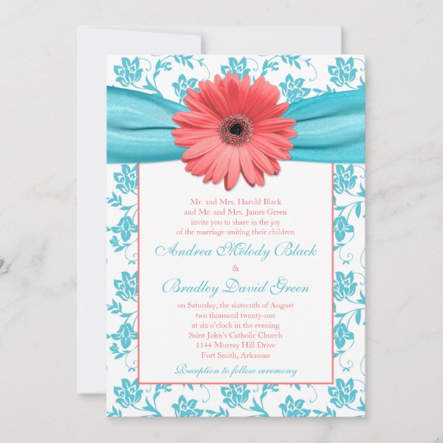 Invitación a la boda floral de Coral Gerbera Daisy (Anverso)