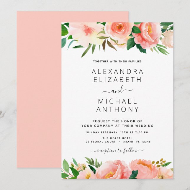Invitación a la boda floral de Coral Peach (Anverso / Reverso)