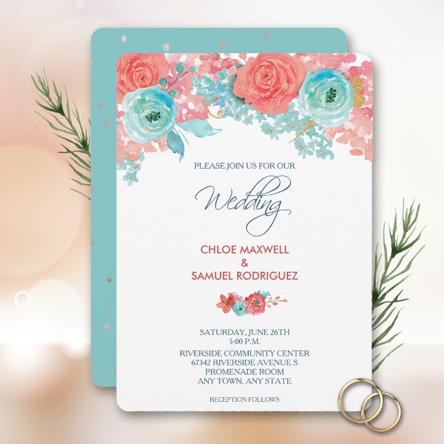 Invitación a la boda floral de coral rosa y Aqua (Subido por el creador)