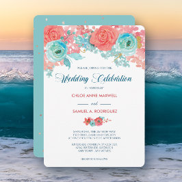 Invitación a la boda floral de coral rosa y Aqua