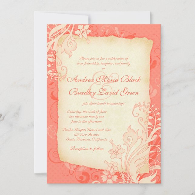 Invitación a la boda floral de coral y marfil (Anverso)