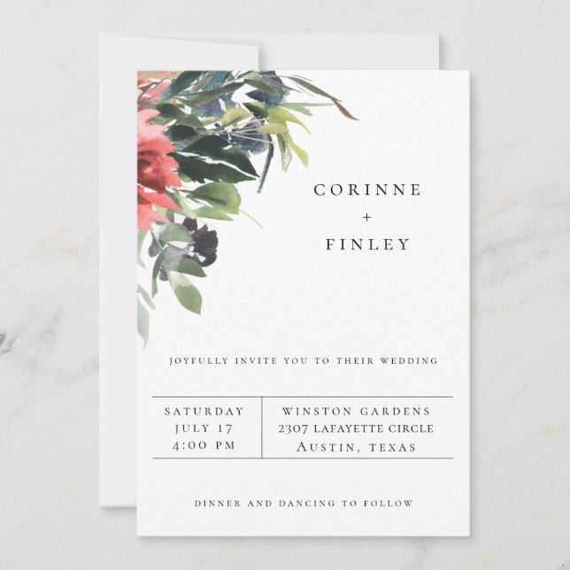 Invitación a la boda floral de corales de la marin (Anverso)