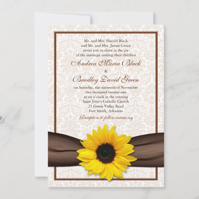 Invitación a la boda floral de Damask con girasol (Anverso)