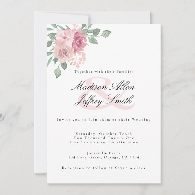 Invitación a la boda floral de Dusty Rosa Rubor (Anverso)
