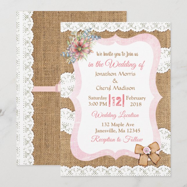 Invitación a la boda floral de encaje y argollas (Anverso / Reverso)