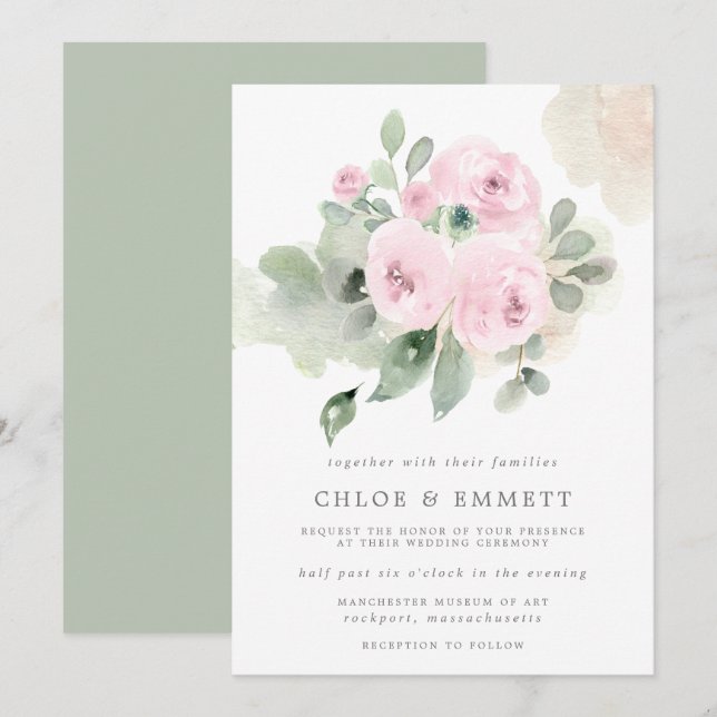 Invitación a la boda floral de Eucalyptus Rosa (Anverso / Reverso)