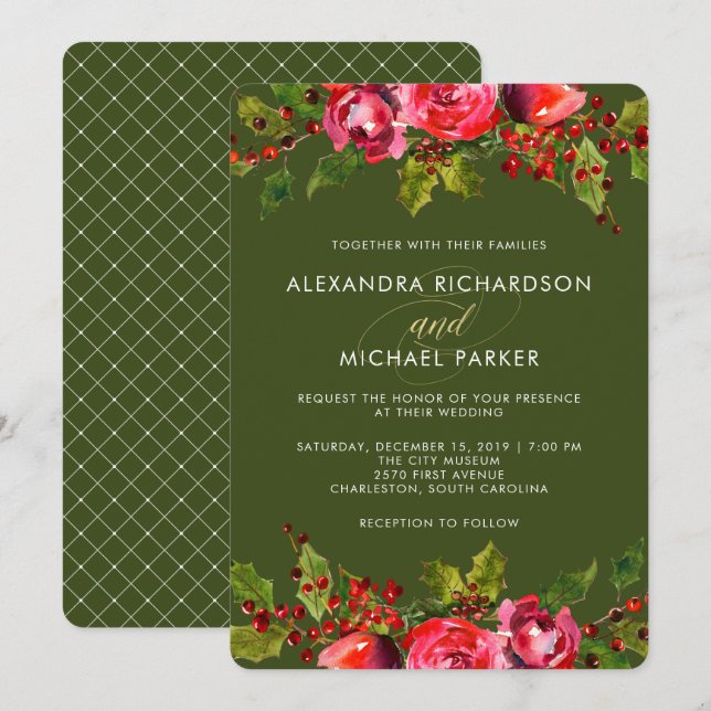Invitación a la boda floral de feriado verde profu (Anverso / Reverso)