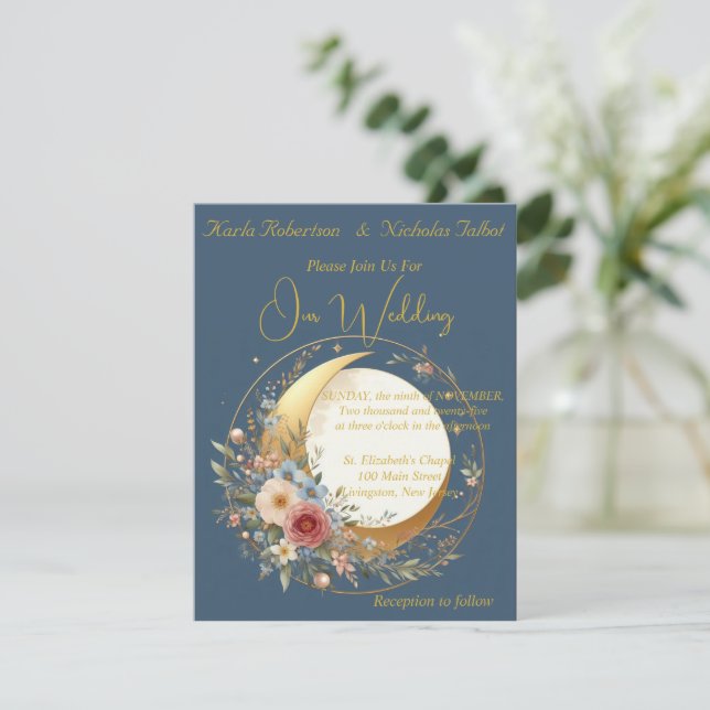 Invitación a la boda floral de flores de luna azul (Anverso de pie)