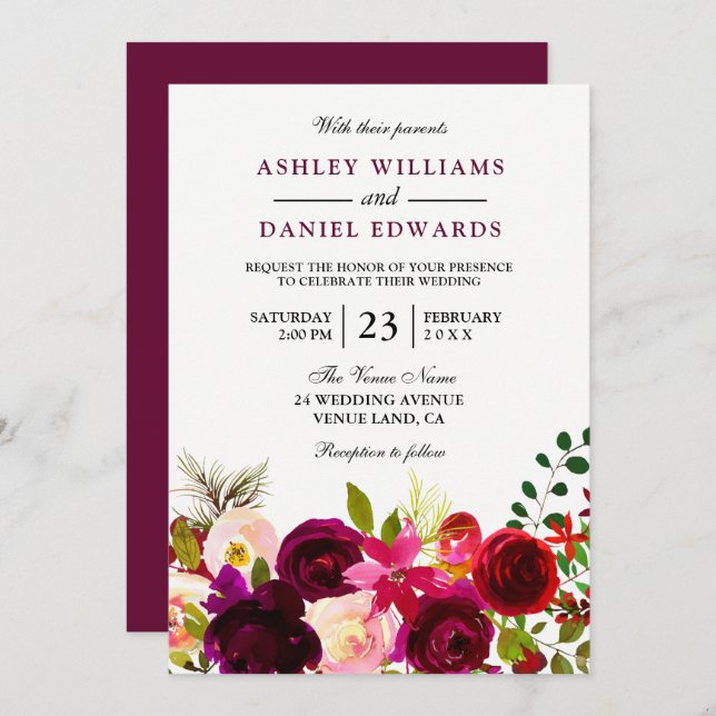 Invitación a la boda floral de flores moradas roja (Anverso / Reverso)