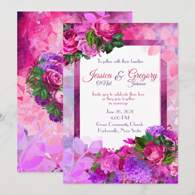Invitación a la boda floral de frambuesa en Amethy (Anverso / Reverso)