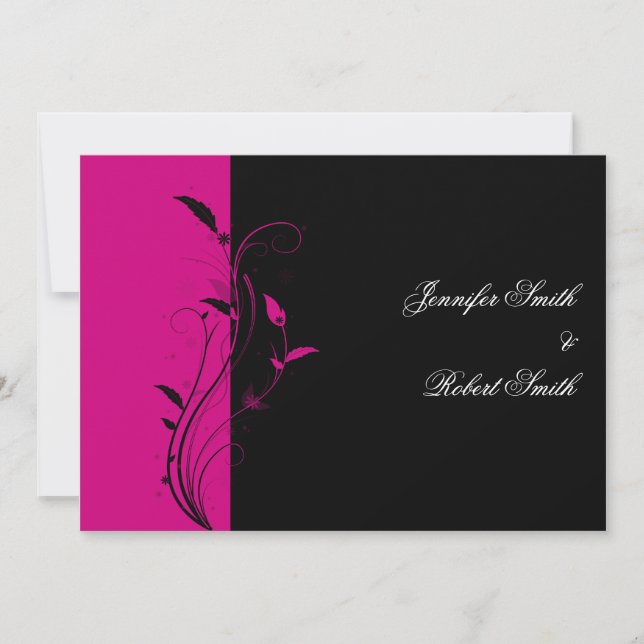 Invitación a la boda floral de fucsia y negro (Anverso)