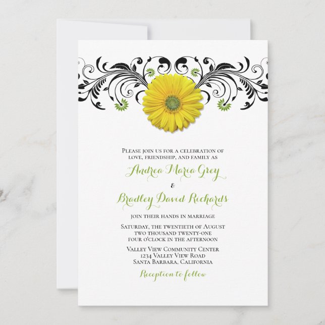 Invitación a la boda floral de gérber amarilla (Anverso)