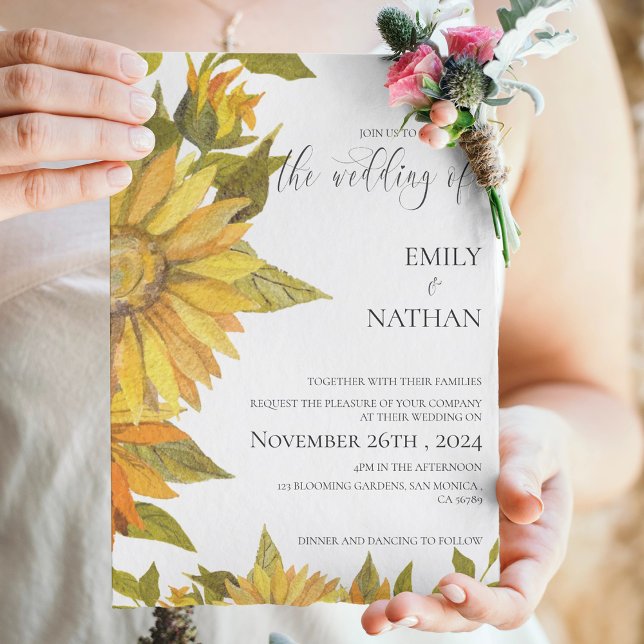 Invitación a la boda floral de girasol amarillo bo (Pretty Yellow Sunflower Floral Wedding Invitation Postcard)