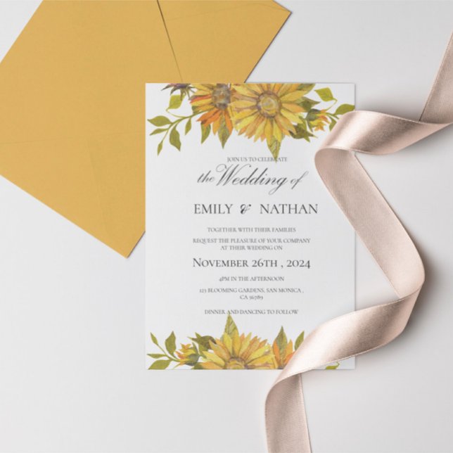 Invitación a la boda floral de girasol amarillo bo (Pretty Yellow Sunflower Floral Wedding Invitation Postcard)