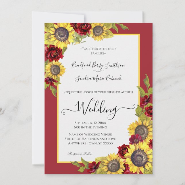 Invitación a la boda floral de girasol amarillo ru (Anverso)