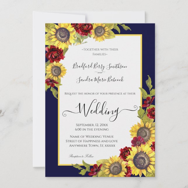 Invitación a la boda floral de girasol amarillo ru (Anverso)