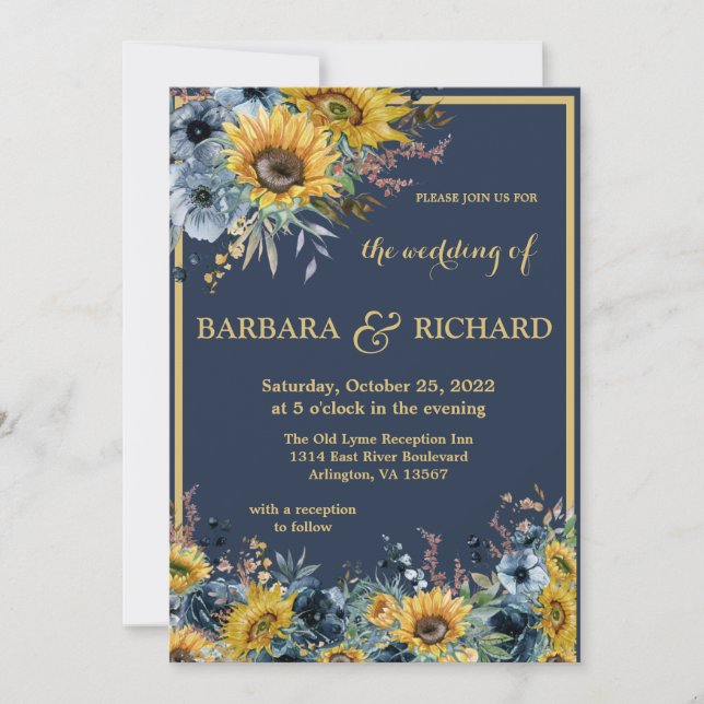 Invitación a la boda floral de girasol azul de la  (Anverso)