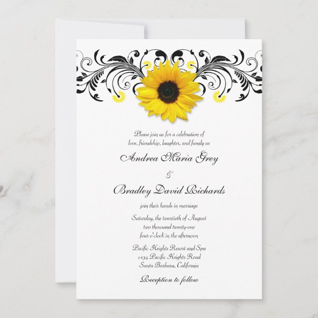 Invitación a la boda floral de girasol blanco y ne (Anverso)