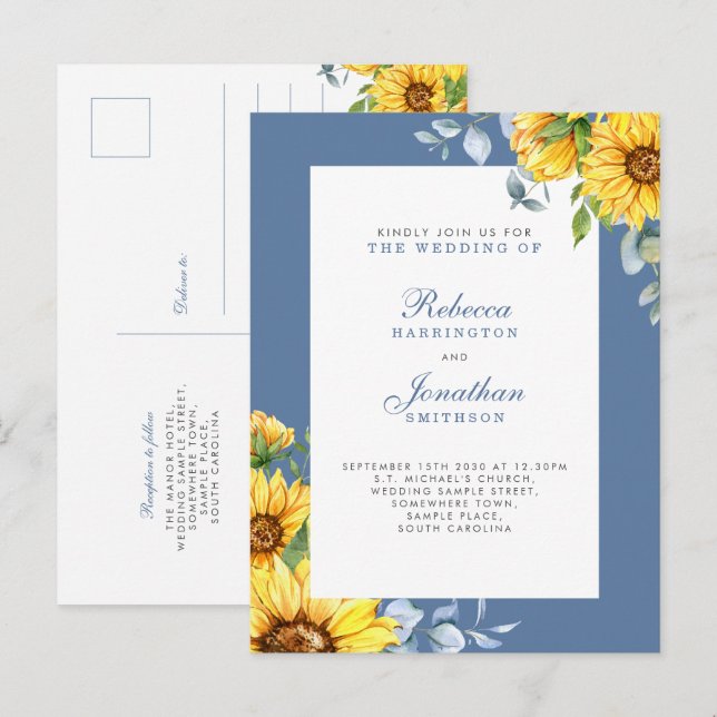 Invitación a la boda floral de girasol y eucalipto (Anverso / Reverso)