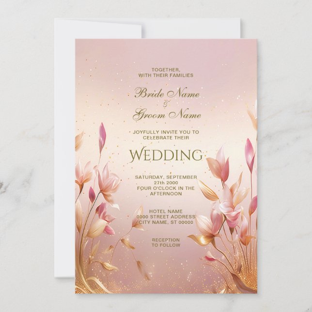Invitación a la boda floral de hojas doradas rosad (Anverso)