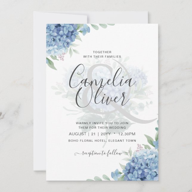Invitación a la boda floral de Hydrangea azul mode (Anverso)
