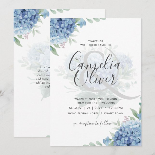 Invitación a la boda floral de Hydrangea azul mode (Anverso / Reverso)
