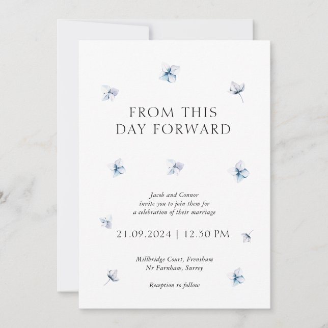 Invitación a la boda floral de Hydrangea azul mode (Anverso)
