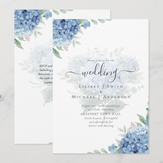 Invitación a la boda floral de Hydrangea azul mode (Anverso / Reverso)