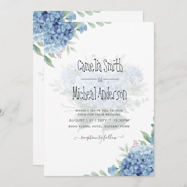 Invitación a la boda floral de Hydrangea azul mode (Anverso / Reverso)