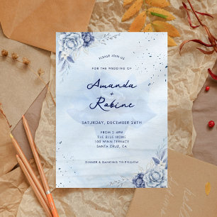 Invitación a la boda floral de invierno azul y tur