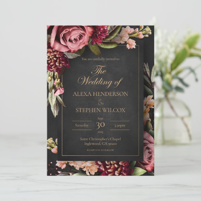 Invitación a la boda floral de invierno oscuro en  (Anverso de pie)