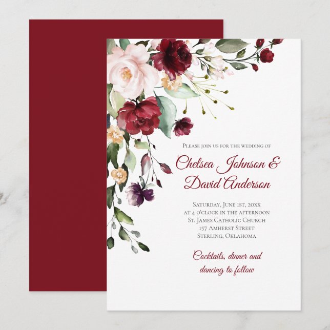 Invitación a la boda floral de invierno rojo oscur (Anverso / Reverso)