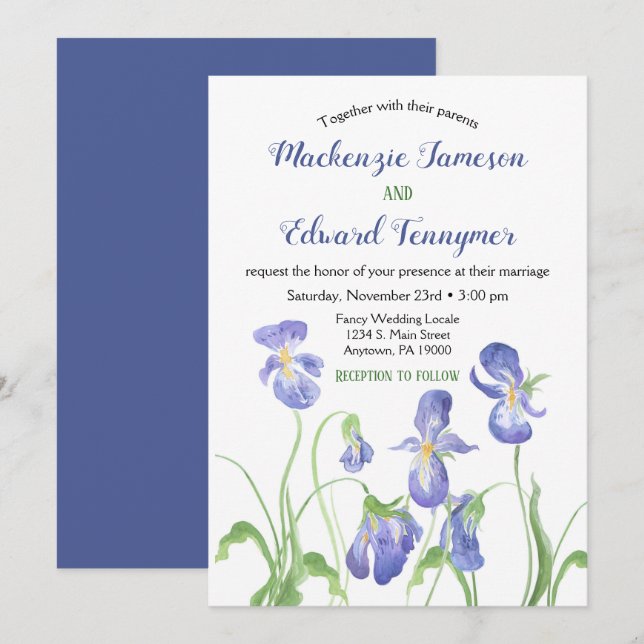 Invitación a la boda floral de Iris morado (Anverso / Reverso)