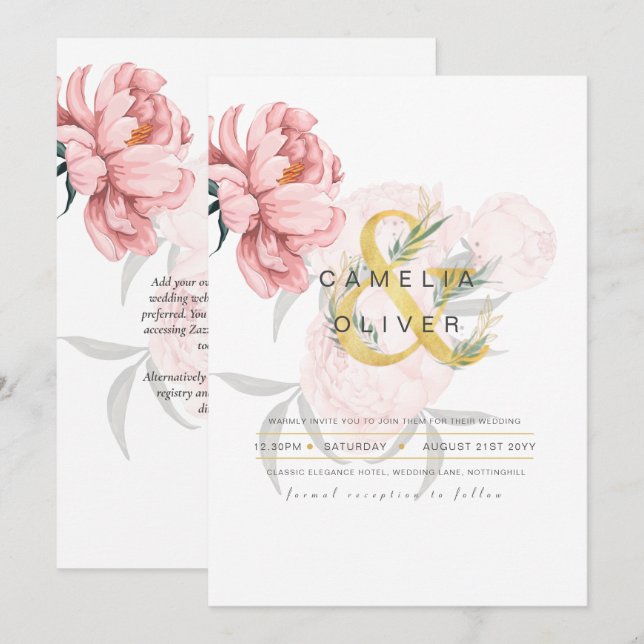 Invitación a la boda floral de jóvenes rosados de  (Anverso / Reverso)
