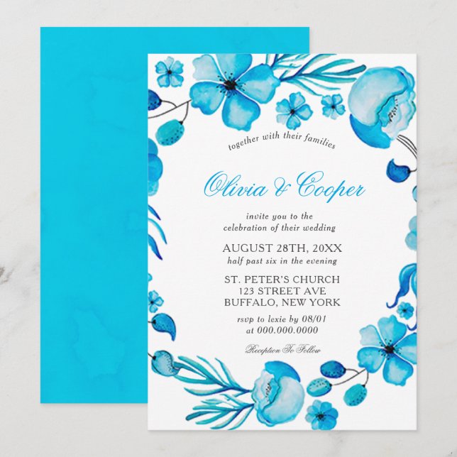 Invitación a la boda floral de la acuarela azul oc (Anverso / Reverso)