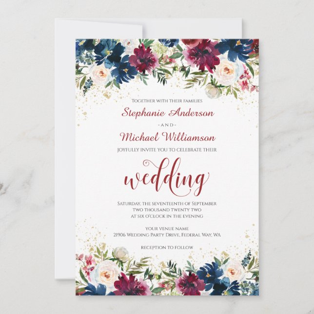 Invitación a la boda floral de la acuarela de la M (Anverso)