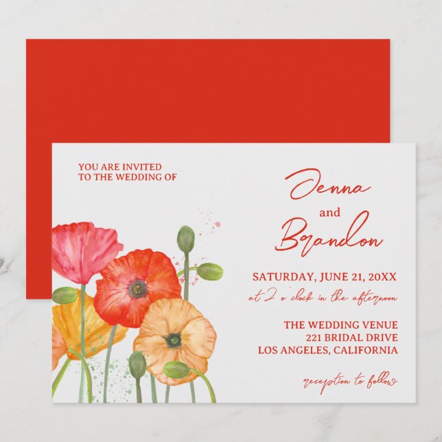 Invitación a la boda floral de la adormidera roja  (Anverso / Reverso)
