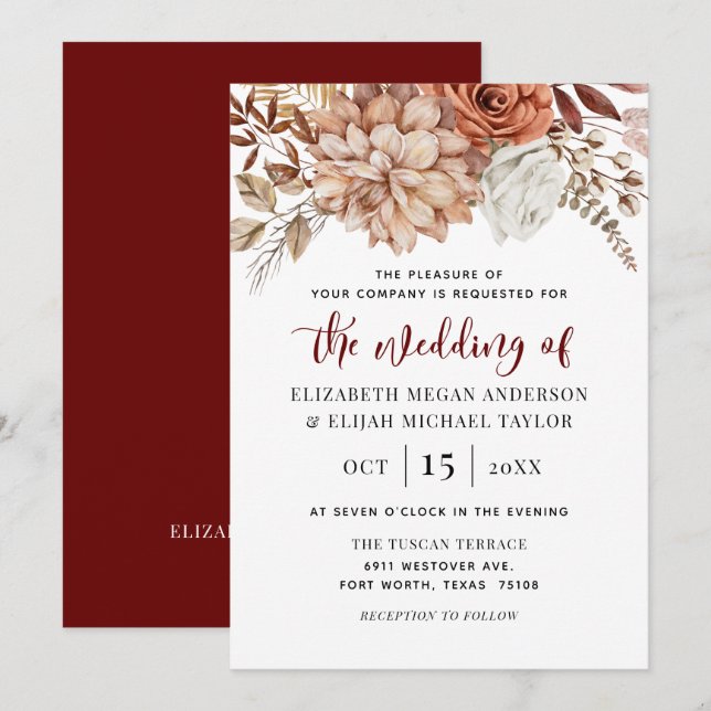 Invitación a la boda floral de la caída de Borgoña (Anverso / Reverso)
