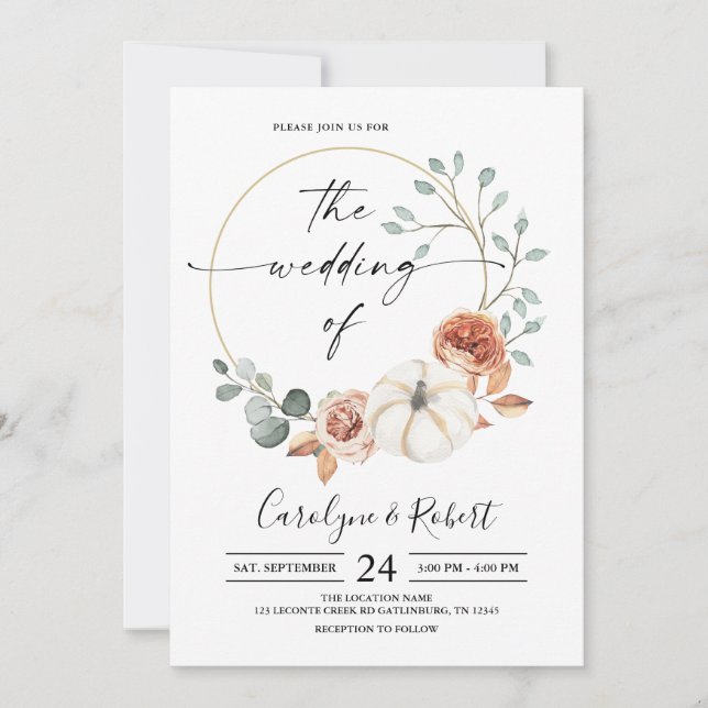 Invitación a la boda floral de la calabaza de otoñ (Anverso)