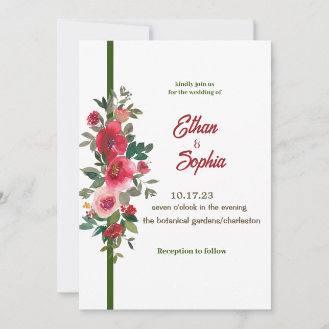 Invitación a la boda floral de la línea roja (Anverso)