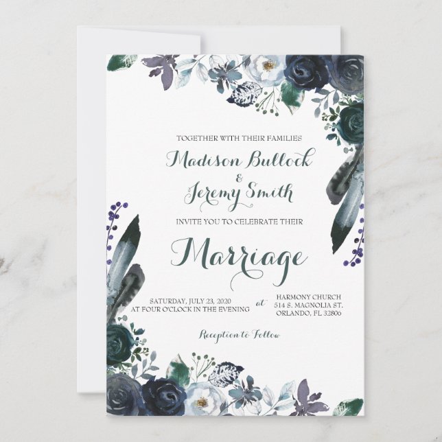 Invitación a la boda floral de la marina acuarela (Anverso)