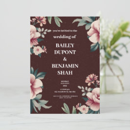 Invitación a la boda floral de la melocotón marrón