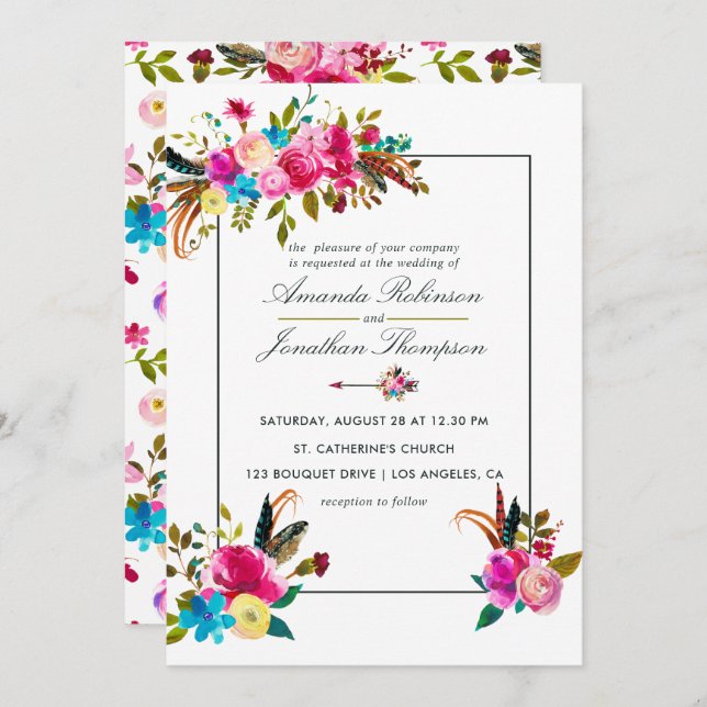 Invitación a la boda floral de la Moda Boho Waterc (Anverso / Reverso)