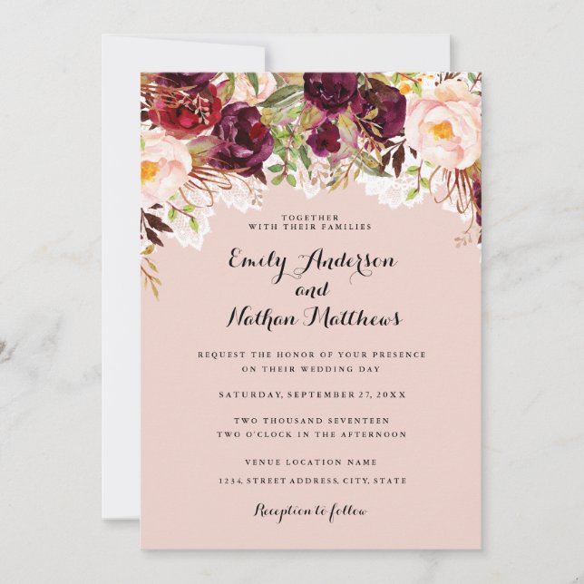 Invitación a la boda floral de Lace Peach Burgundy (Anverso)